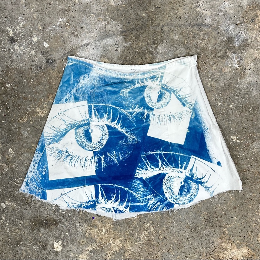 Blue Cyanotype Eye Graphic Print Skirt